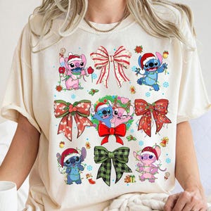 Disney Stitch and Angel Coquette Bows Christmas Shirt, Disney Stitch Angel Couple Christmas Shirt, Disneyland Vacation Family Matching Shirt image 3