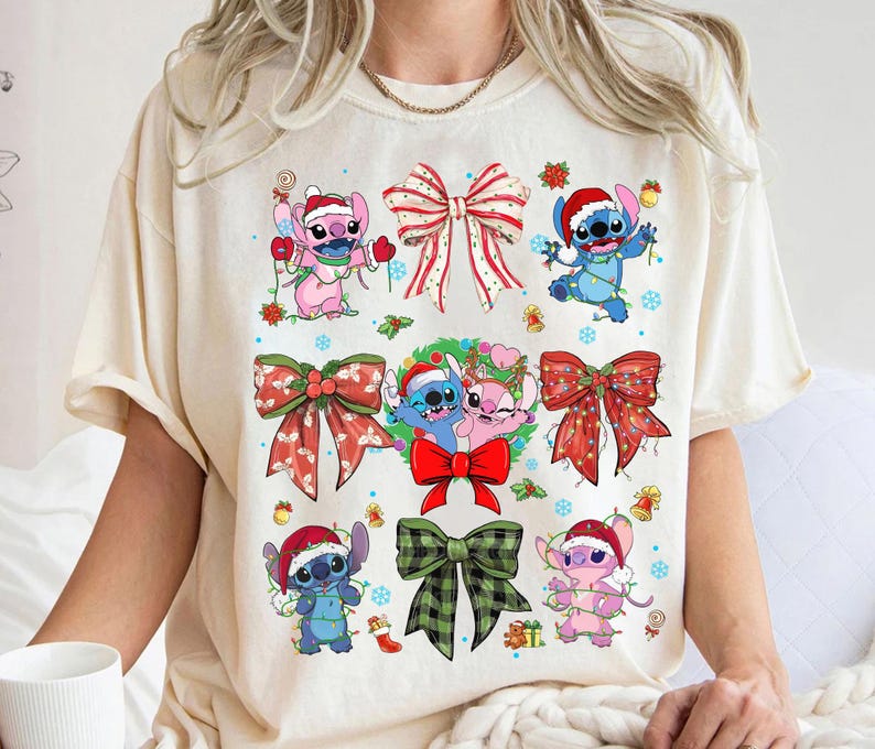 Disney Stitch and Angel Coquette Bows Christmas Shirt, Disney Stitch Angel Couple Christmas Shirt, Disneyland Vacation Family Matching Shirt image 3