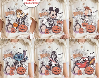 Vintage Disney All Characters Skeleton Halloween Shirt Mickey & Friends Toy Story 5 Star Wars Chip Dale, Mickey's Not So Scary Halloween Tee