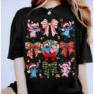 Disney Stitch and Angel Coquette Bows Christmas Shirt, Disney Stitch Angel Couple Christmas Shirt, Disneyland Vacation Family Matching Shirt image 2