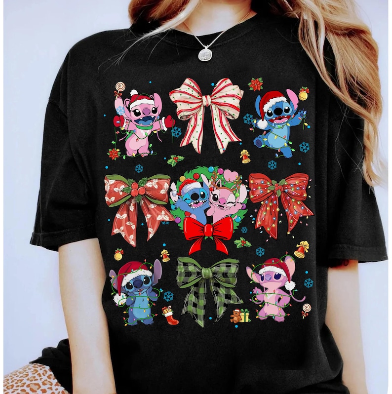 Disney Stitch and Angel Coquette Bows Christmas Shirt, Disney Stitch Angel Couple Christmas Shirt, Disneyland Vacation Family Matching Shirt image 2
