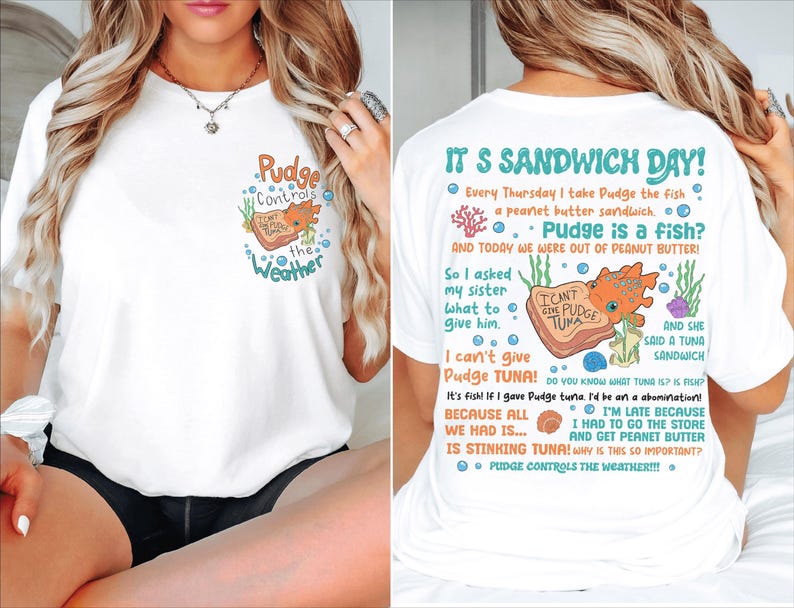 2-Sided Disney Lilo And Stitch Pudge Controls The Weather Shirt, Disney Pudge Tuna It's Sandwich Day Shirt, Walt Disney World Matching Shirt image 4