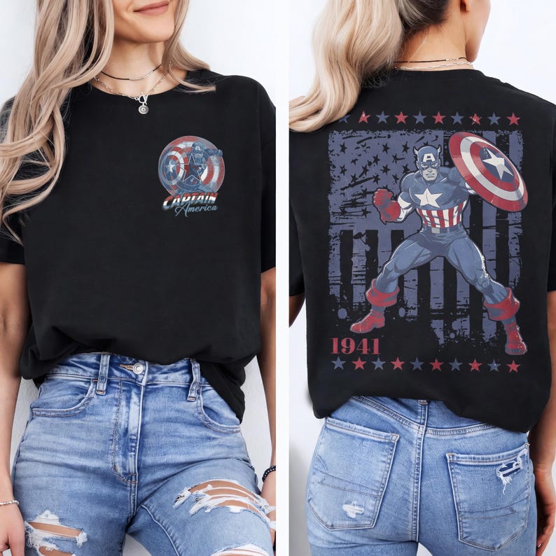 May include: A black t-shirt featuring a small circular Captain America graphic on the front left chest. The back displays a large illustration of Captain America holding a shield over a distressed flag background with the text 1941 and red stars.