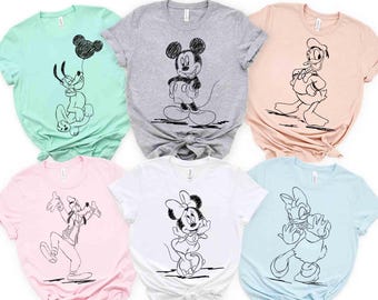 Disney Mickey And Friends Sketch Portrait T-Shirt, Classic Mickey Minnie Donald Daisy Goofy Pluto Shirt, Disneyland Family Vacation Shirt