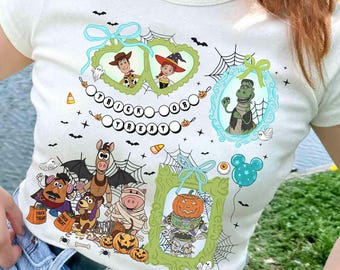 Camiseta de Halloween com os personagens de Toy Story da Disney Pixar, Coquette e Bows, Woody, Buzz e Jessie, perfeita para pedir doces ou travessuras, ideal para uma viagem de Halloween à Disneylândia.