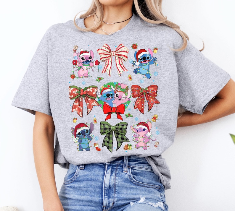 Disney Stitch and Angel Coquette Bows Christmas Shirt, Disney Stitch Angel Couple Christmas Shirt, Disneyland Vacation Family Matching Shirt image 4