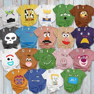 Disfraz de Halloween de Disney Pixar Toy Story 5 con cara grande, Woody, Buzz, Jessie, Bo Peep, Slinky, Rex, Forky, Lotso y Hamm, camiseta de vacaciones familiares en Disneyland.
