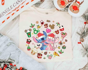 Camiseta navideña de Disney Stitch y Ángel de Jengibre, camiseta navideña de Disney Stitch con pareja de ángeles, camiseta de viaje familiar a Disneyland