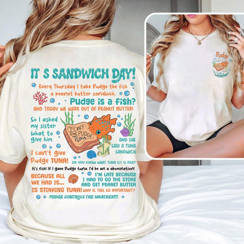 2-Sided Disney Lilo And Stitch Pudge Controls The Weather Shirt, Disney Pudge Tuna It's Sandwich Day Shirt, Walt Disney World Matching Shirt image 2