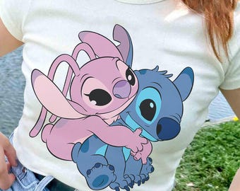 Disney Lilo and Stitch Cute Angel and Stitch Hugging Chest Logo T-Shirt, Stitch Angel Couple Shirt, Disneyland Family Vacation Trip Gifts