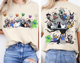 Disfraz de Halloween de terror de Disney Stitch de 2 caras, camiseta de Halloween de Disney Lilo y Stitch, camiseta de Disney Stitch Boo, camiseta de Halloween de momia y bruja