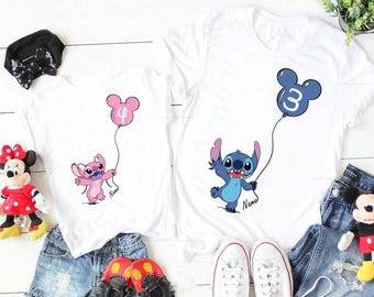 Personalized Stitch and Angel Kid Name Age With Balloon Shirt, Stitch and Angel Birthday Shirt, Birthday Boy Girl Shirt, Disneyland Trip Tee