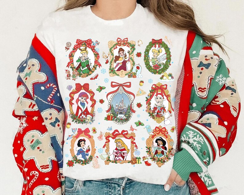 Coquette Bow Disney Princess Christmas Lights Shirt, Princess Belle Ariel Jasmine Holiday Tee, Magic Kingdom Magical Castle Christmas Tee image 5