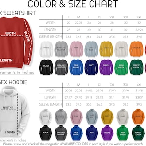 The image is a color and size chart for a unisex sweatshirt, providing measurements and color options for different sizes.