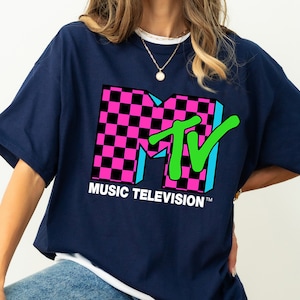 Classic MTV Logo Pink And Blue Checker Design T-Shirt, MTV Logo Shirt, Disneyland Family Vacation Shirt, Disney Matching Birthday Gifts