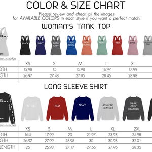 The image is a color and size chart for women's tank tops and long sleeve shirts. It displays various styles and colors available in different sizes, along with measurements in inches. The chart provides a visual representation of the available options for customers to choose from based on their preferences and sizes.