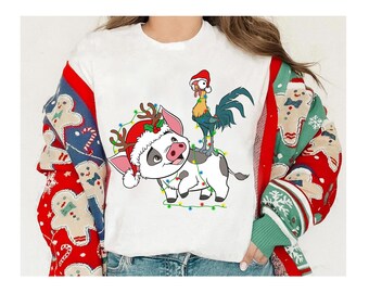 Disney Moana Pua and Hei Hei Christmas Lights Shirt, Santa Pua and Hei Hei Christmas Lights Shirt, Disneyland Family Vacation Shirt