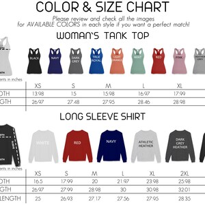 May include: A colour and size chart for women's tank tops and long sleeve shirts. Measurements are in inches, with conversions to cm. Available colours are shown, including black, navy, red, and white. The chart includes width, length, and sleeve length.