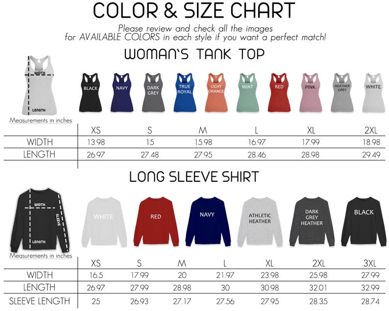 May include: A colour and size chart for women's tank tops and long sleeve shirts. Measurements are in inches, with conversions to cm. Available colours are shown, including black, navy, red, and white. The chart includes width, length, and sleeve length.