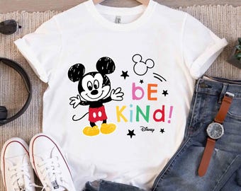 Camiseta Disney Mickey Mouse "Seja Gentil" com Rabiscos do Mickey, Camiseta Clássica do Mickey Mouse, Mickey e Amigos, Presentes para Viagem em Família à Disneylândia