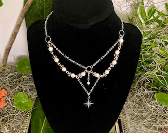 Pink Faux Pearl Choker, Celestial Star Pendant, Y2K Fairycore