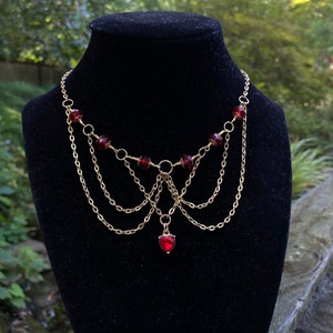 Red Heart Pendant Choker, Gold Beaded Y2K Necklace, Red Renaissance Jewelry
