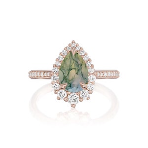 Pear Moss Agate Engagement Ring: Vintage Style Bridal Set