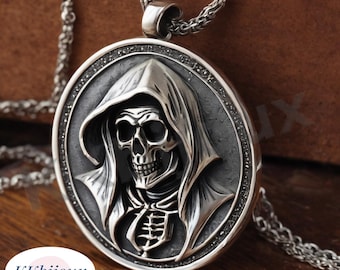 Ciondolo in argento raffigurante la Morte, collana con teschio, gioielli gotici con scheletro, dark fantasy, regalo di tendenza per uomo.