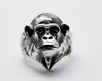 3D Gorilla Head Sterling Silver Ring - Unique Ape Monkey Jewelry