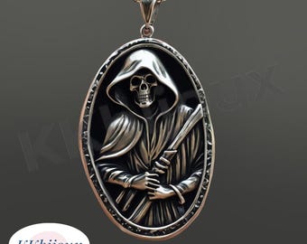 Collana con ciondolo a forma di Tristo Mietitore in argento sterling 925, gioiello con teschio ossidato, ciondolo gotico con simbolo di morte