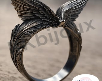 Anillo de alas de plata de ley: joyería de banda de motociclista hecha a mano