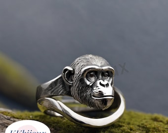 Silver Gorilla Head Ring, 3D Ape Ring, Unique Men's Jewelry
