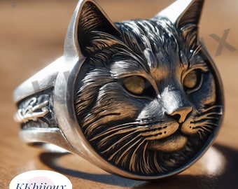Anello con gatto in argento sterling 925 carati / Gioielli con animali ossidati e gotici