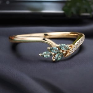 Marquise Teal Sapphire Wedding Band, Cluster Sterling Silver Promise Ring
