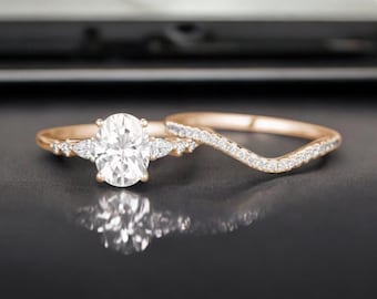 Art Deco Moissanite Engagement Ring Set, Sterling Silver Bridal Jewelry