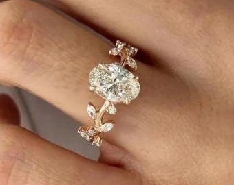 Oval Lab Diamond Twig Engagement Ring • Leaf & Branch Design, 925 Silver Gold