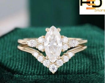 Marquise Cut CZ Diamond Engagement Ring Set | Sterling Silver Wedding Jewelry