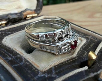Ruby CZ Diamond Ring Set, Antique Deco Sterling Silver Bridal Jewelry