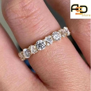 Alliance diamant rond et taille baguette • Alliance vintage éternité • Anniversaire en argent 925 et cadeau bague empilable pour elle