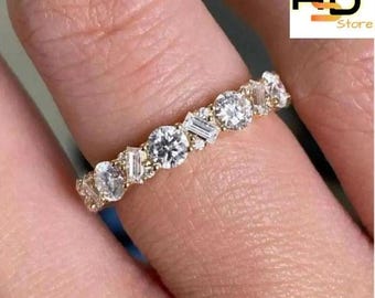 Lab Diamond Eternity Band • Round & Baguette 925 Sterling Silver Ring