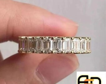 Emerald Cut Moissanite Full Eternity Band, 10K White Gold Plated