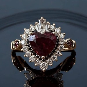 Anello di fidanzamento con diamante taglio cuore in granato rosso da 3 ct, fede nuziale in oro 14 carati, anello regalo per anniversario, anello con alone di diamanti, anello di proposta per donna