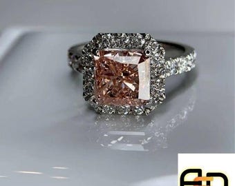 Fancy Vivid Pink Cushion Cut Lab Diamond Halo Engagement Ring, 925 Silver Gold