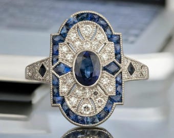 Antique Migraine Set Ring, Vintage Art Deco Ring, Sapphire Oval With Baguette Cut Diamond Ring, Victorian Party Wear Ring, Estate Ring, gift