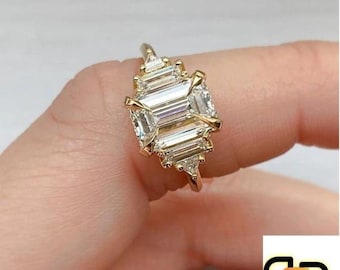 Emerald Cut Moissanite Three Stone Engagement Ring | Sterling Silver Wedding Ring
