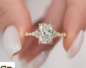 Radiant Cut Moissanite Engagement Ring, Hidden Halo, Sterling Silver Pave Setting