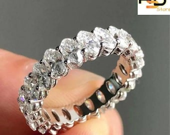 Oval Cut CZ Diamond Full Eternity Band, Sterling Silver, Gold Plated