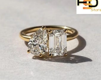Toi Et Moi CZ Ring – Pear & Emerald Cut, Silver Gold Anniversary Ring