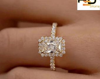 Radiant Cut CZ Diamond Halo Engagement Ring • Sterling Silver, Gold Plated