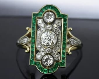 Art Deco Wedding Bride Ring, Women&#39;s Diamond Ring, Green Baguett and Diamond Ring, Filigree Style Anniversary Ring For Her, Gift for her